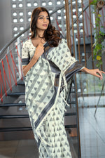 Load image into Gallery viewer, Kimaya Dolphin Grey Soft Cotton Block Woven Design Saree