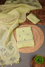 Load image into Gallery viewer, A Freakin Lotus Pista Green Jamdani Muga Silk Unstitched Suit Set