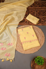 Load image into Gallery viewer, A Freakin Lotus Yellow Jamdani Muga Silk Unstitched Suit Set