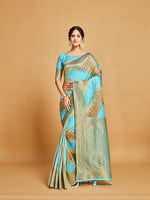 Load image into Gallery viewer, Maira Cyan Blue Leheriya Zari Woven Design Linen Saree
