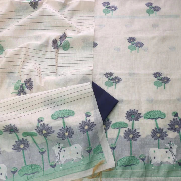 Soothing Navy Jamdani Muga Cotton Unstitched Suit Set