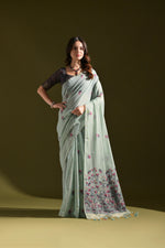 Load image into Gallery viewer, Florance Firozi Blue Muga Cotton Jamdani Saree