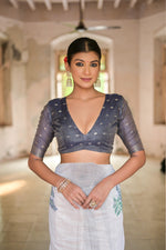 Load image into Gallery viewer, Ice White & Navy Muga Cotton Woven Saree