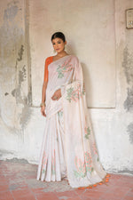 Load image into Gallery viewer, Ice White & Orange Muga Cotton Woven Saree