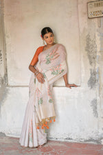 Load image into Gallery viewer, Ice White & Orange Muga Cotton Woven Saree