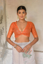 Load image into Gallery viewer, Ice White & Orange Muga Cotton Woven Saree