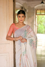 Load image into Gallery viewer, Ice White & Peach Muga Cotton Woven Saree