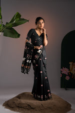 Load image into Gallery viewer, Nandika Black Muga Cotton Jamdani Pichwai Saree With Unstitched Blouse Piece