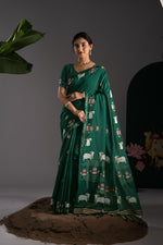 Load image into Gallery viewer, Nandika Green Muga Cotton Jamdani Pichwai Saree With Unstitched Blouse Piece