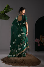 Load image into Gallery viewer, Nandika Green Muga Cotton Jamdani Pichwai Saree With Unstitched Blouse Piece