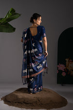 Load image into Gallery viewer, Nandika Navy Muga Cotton Jamdani Pichwai Saree With Unstitched Blouse Piece