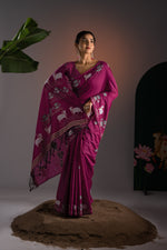 Load image into Gallery viewer, Nandika Mukberry Pink Muga Cotton Jamdani Pichwai Saree With Unstitched Blouse Piece