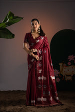 Load image into Gallery viewer, Nandika Maroon Red Muga Cotton Jamdani Pichwai Saree With Unstitched Blouse Piece