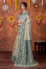 Load image into Gallery viewer, Parnita Beige & Bottle Green Muga Cotton Jamdani Saree