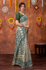 Load image into Gallery viewer, Parnita Beige & Bottle Green Muga Cotton Jamdani Saree