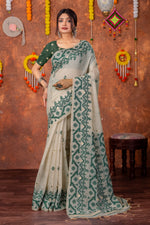 Load image into Gallery viewer, Parnita Beige & Bottle Green Muga Cotton Jamdani Saree