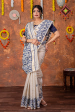 Load image into Gallery viewer, Parnita Beige & Navy Muga Cotton Jamdani Saree