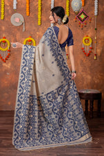 Load image into Gallery viewer, Parnita Beige & Navy Muga Cotton Jamdani Saree