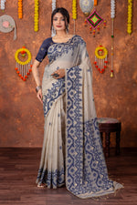 Load image into Gallery viewer, Parnita Beige & Navy Muga Cotton Jamdani Saree