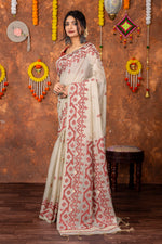 Load image into Gallery viewer, Parnita Beige & Red Muga Cotton Jamdani Saree