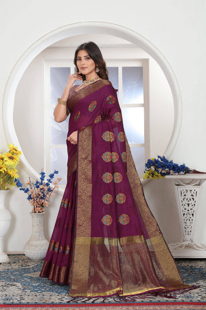 Wine Zari Woven Design Chanderi Cotton Saree