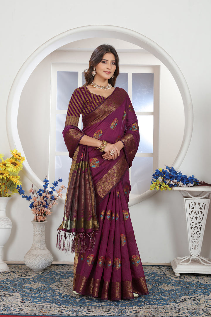 Wine Zari Woven Design Chanderi Cotton Saree