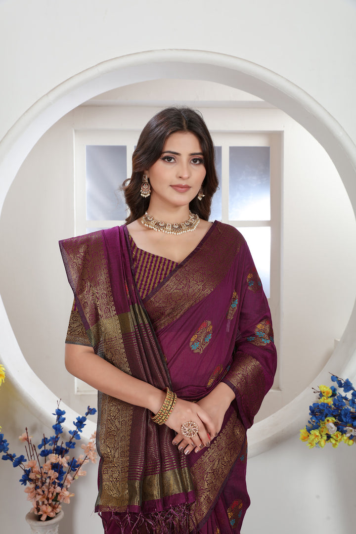 Wine Zari Woven Design Chanderi Cotton Saree