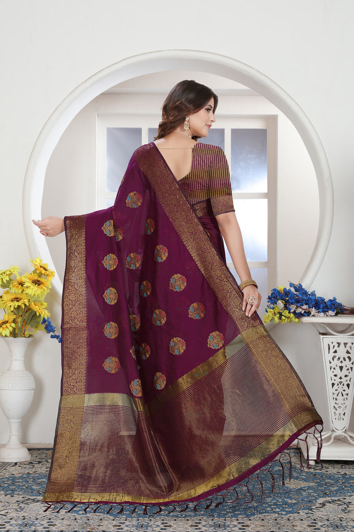 Wine Zari Woven Design Chanderi Cotton Saree