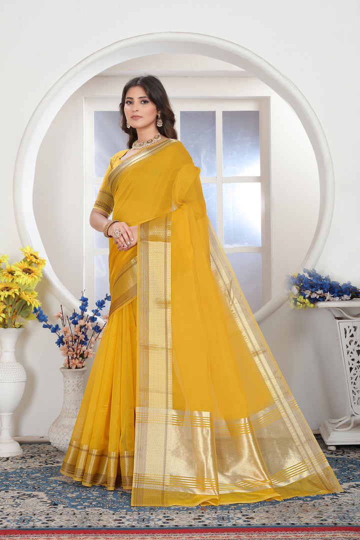Yellow Solid Zari Design Organza Saree