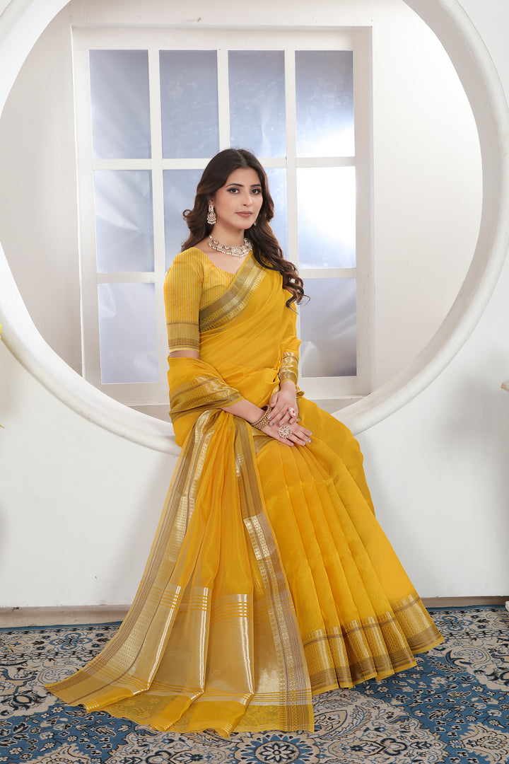 Yellow Solid Zari Design Organza Saree