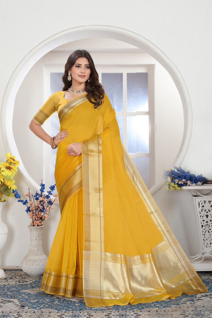 Yellow Solid Zari Design Organza Saree