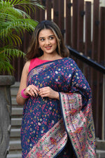 Load image into Gallery viewer, Raaga Navy Blue Jamewar Kashmiri Soft Modal Silk Saree