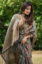 Load image into Gallery viewer, Rangkat Gunsmoke Grey Leheriya Design Banarasi Organza Saree