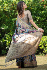 Load image into Gallery viewer, Rangkat Lapis Lazuli Teal Leheriya Design Banarasi Organza Saree