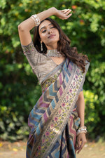 Load image into Gallery viewer, Rangkat Lapis Lazuli Teal Leheriya Design Banarasi Organza Saree