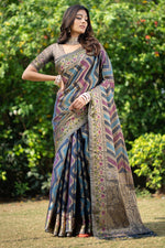 Load image into Gallery viewer, Rangkat Lapis Lazuli Teal Leheriya Design Banarasi Organza Saree