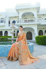 Load image into Gallery viewer, Rangkat Pumpkin Orange Leheriya Design Banarasi Organza Saree