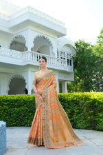 Load image into Gallery viewer, Rangkat Pumpkin Orange Leheriya Design Banarasi Organza Saree