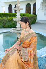 Load image into Gallery viewer, Rangkat Pumpkin Orange Leheriya Design Banarasi Organza Saree