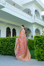 Load image into Gallery viewer, Rangkat Salmon Pink Leheriya Design Banarasi Organza Saree