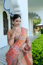 Load image into Gallery viewer, Rangkat Salmon Pink Leheriya Design Banarasi Organza Saree