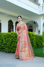 Load image into Gallery viewer, Rangkat Salmon Pink Leheriya Design Banarasi Organza Saree