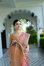 Load image into Gallery viewer, Rangkat Salmon Pink Leheriya Design Banarasi Organza Saree