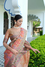 Load image into Gallery viewer, Rangkat Salmon Pink Leheriya Design Banarasi Organza Saree