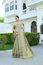 Load image into Gallery viewer, Rangkat Sage Green Leheriya Design Banarasi Organza Saree