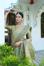 Load image into Gallery viewer, Rangkat Sage Green Leheriya Design Banarasi Organza Saree