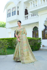 Load image into Gallery viewer, Rangkat Sage Green Leheriya Design Banarasi Organza Saree