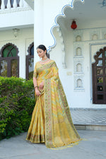 Load image into Gallery viewer, Rangkat Bumblebee Yellow Leheriya Design Banarasi Organza Saree