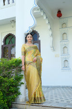 Load image into Gallery viewer, Rangkat Bumblebee Yellow Leheriya Design Banarasi Organza Saree