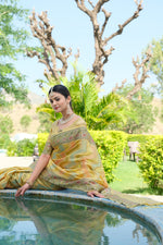Load image into Gallery viewer, Rangkat Bumblebee Yellow Leheriya Design Banarasi Organza Saree